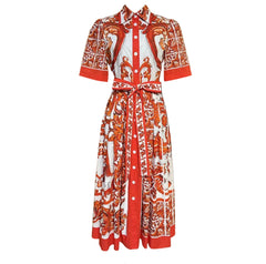 Orange Majolica Cotton Midi Shirt Dress | 2026 Luxury Designer Inspired Italian Ceramic Print Belted Midi Dress | 100% Cotton Vacation Resort Wear