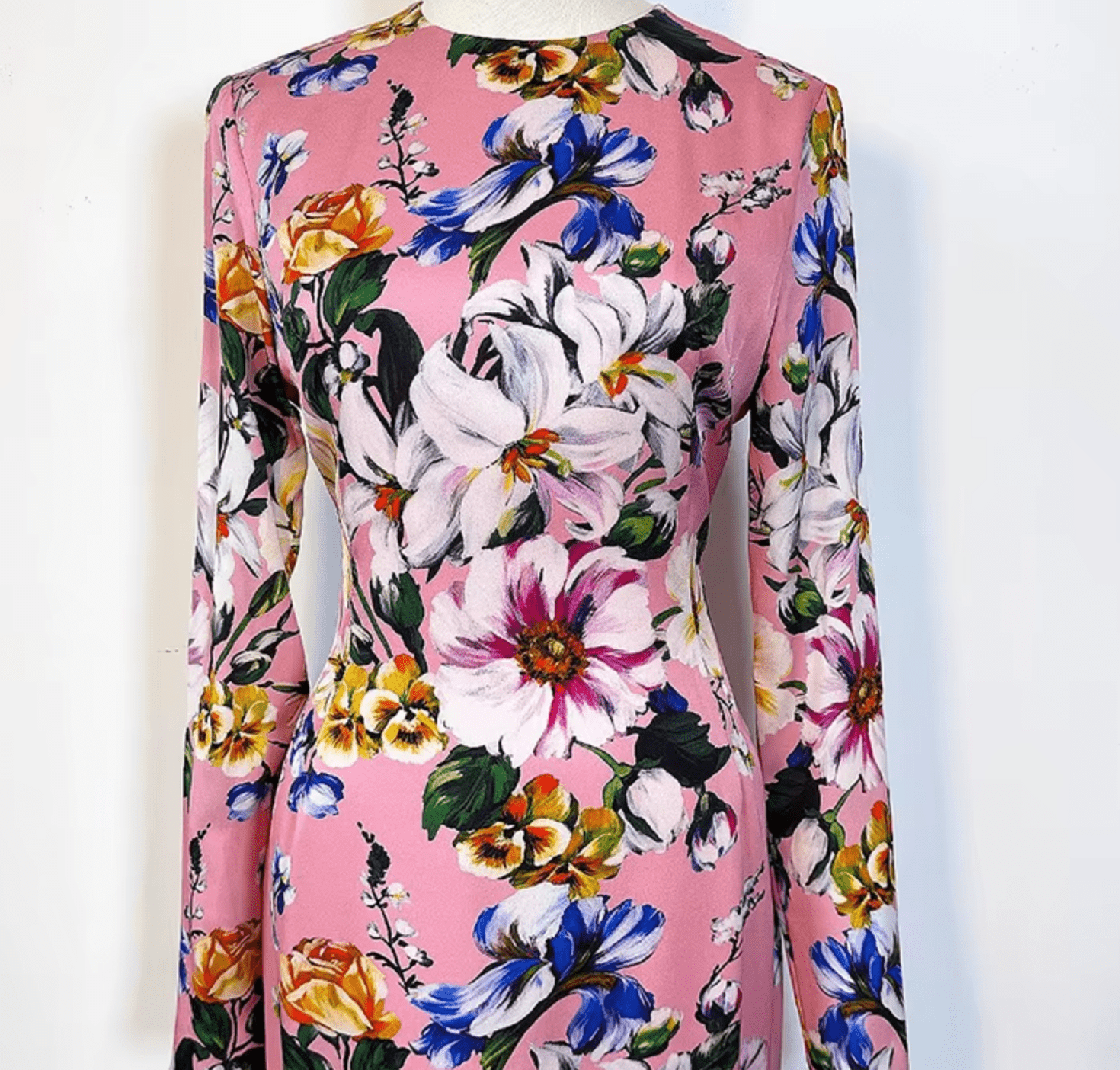Italian Designer Magnolia Print 100% Silk Long Sleeve Midi Dress – Elegant Women’s Luxury Fashion