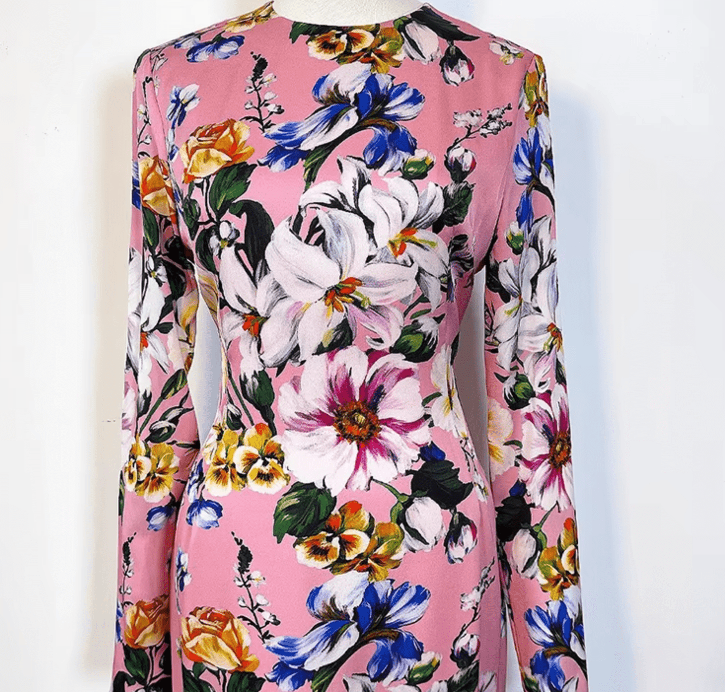 Italian Designer Magnolia Print 100% Silk Long Sleeve Midi Dress – Elegant Women’s Luxury Fashion