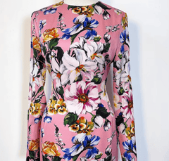 Italian Designer Magnolia Print 100% Silk Long Sleeve Midi Dress – Elegant Women’s Luxury Fashion