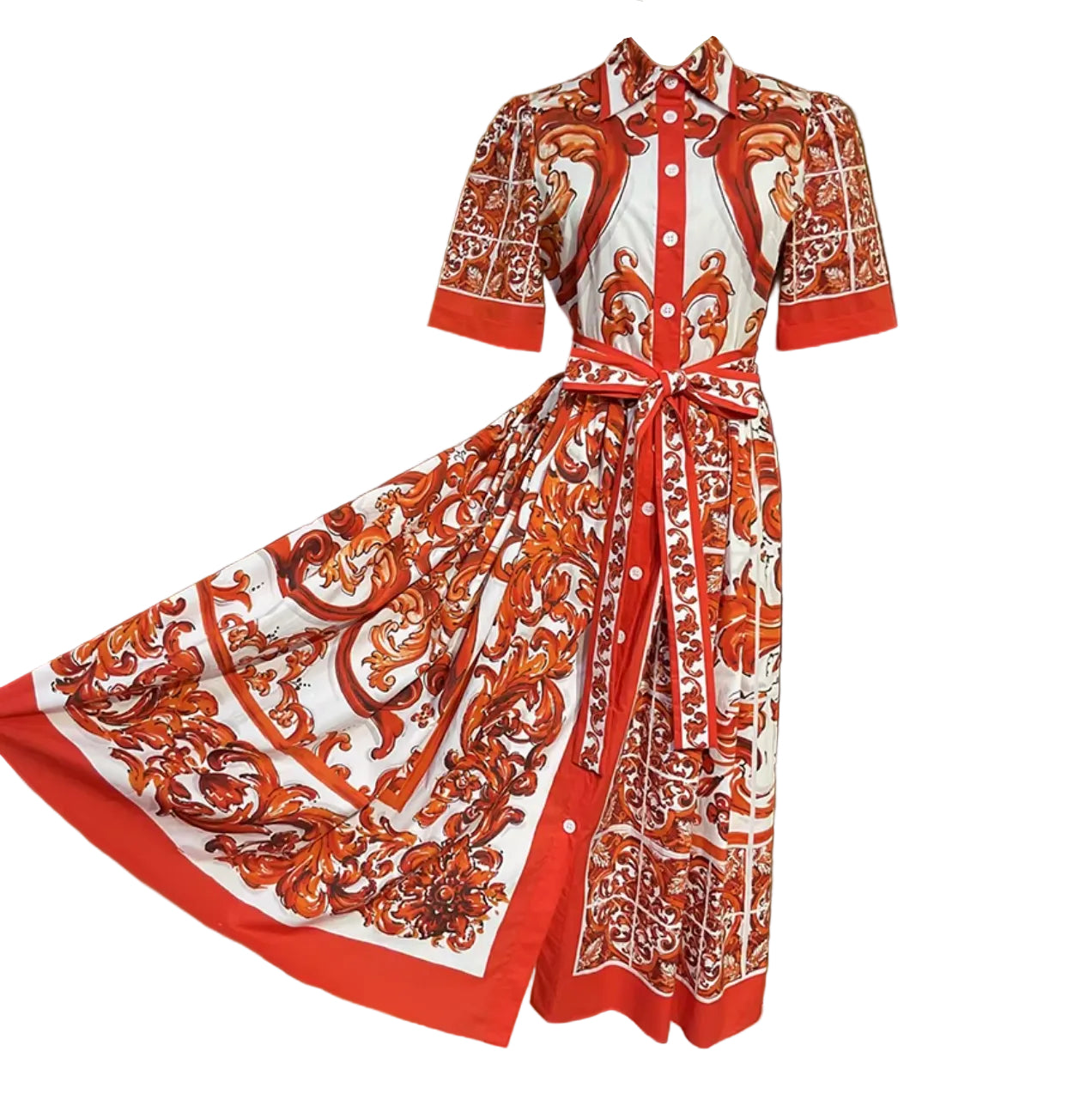 Orange Majolica Cotton Midi Shirt Dress | 2026 Luxury Designer Inspired Italian Ceramic Print Belted Midi Dress | 100% Cotton Vacation Resort Wear