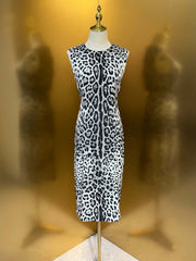 Women Silk Black Leopard Print Midi Dress