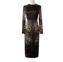OUTLET Italian Luxury Pure Silk Leo print  long sleeve midi dress, SIZE M / EU36 / US6