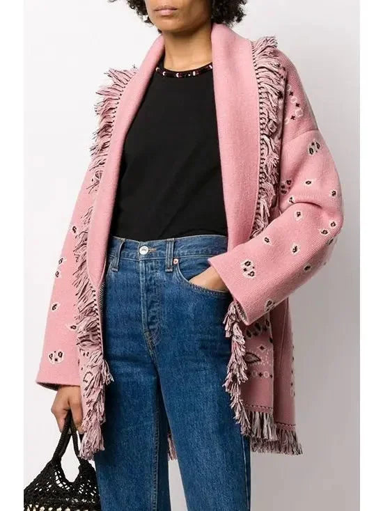 Pink Jacquard Long Cardigan