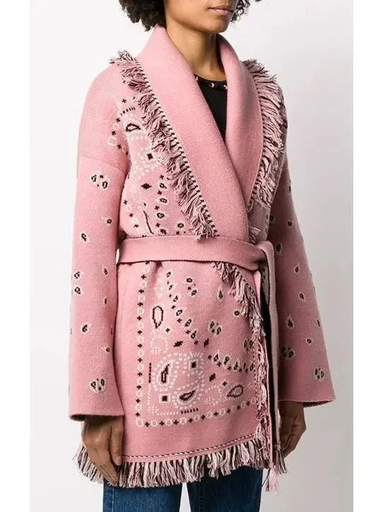 Pink Jacquard Long Cardigan