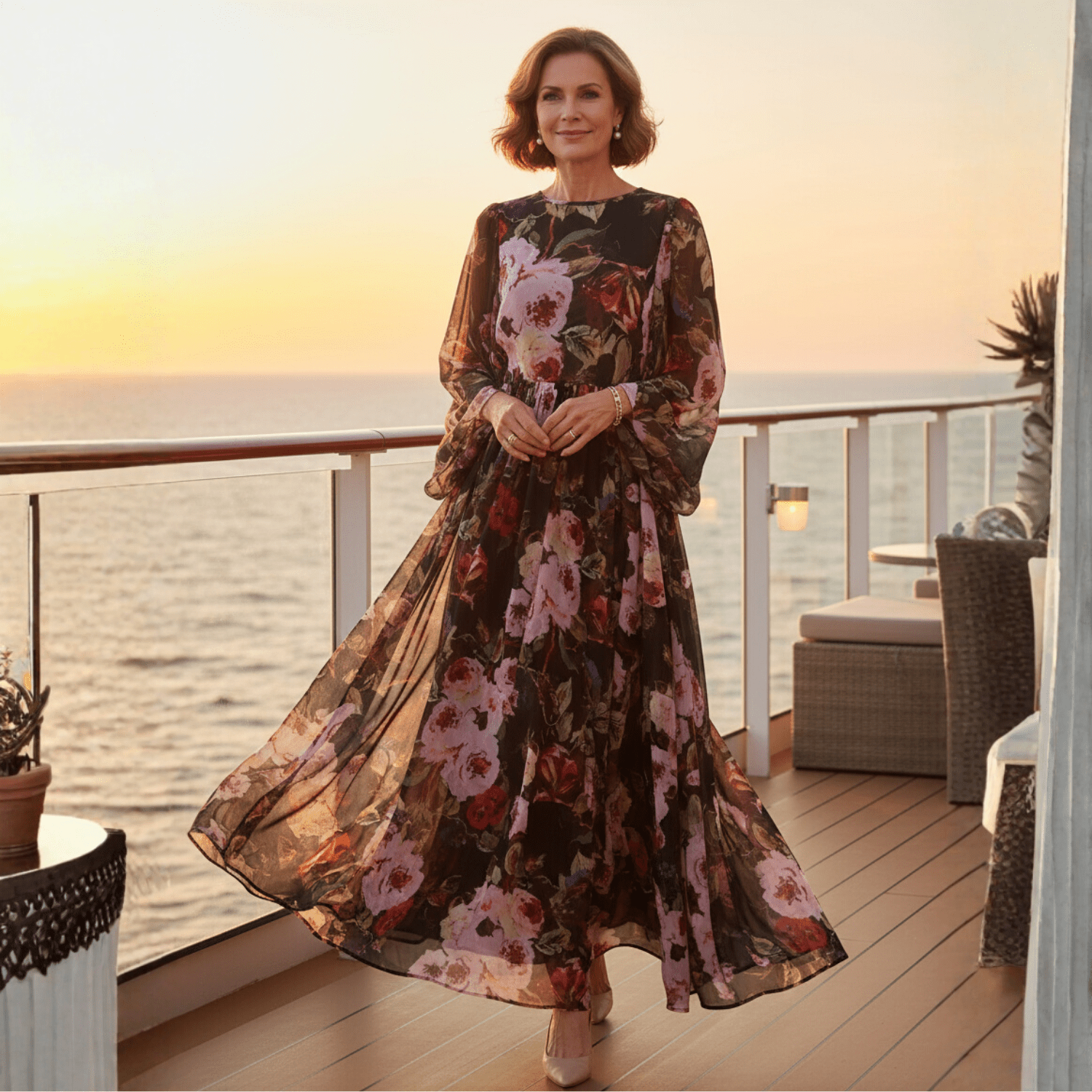 Black Floral maxi chiffon dress with flared sleeves