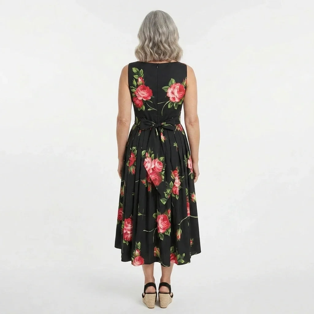 Midnight Roses Cotton Midi Dress with Pockets