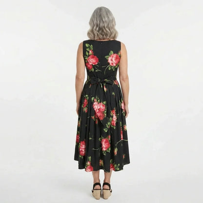 Midnight Roses Cotton Midi Dress with Pockets