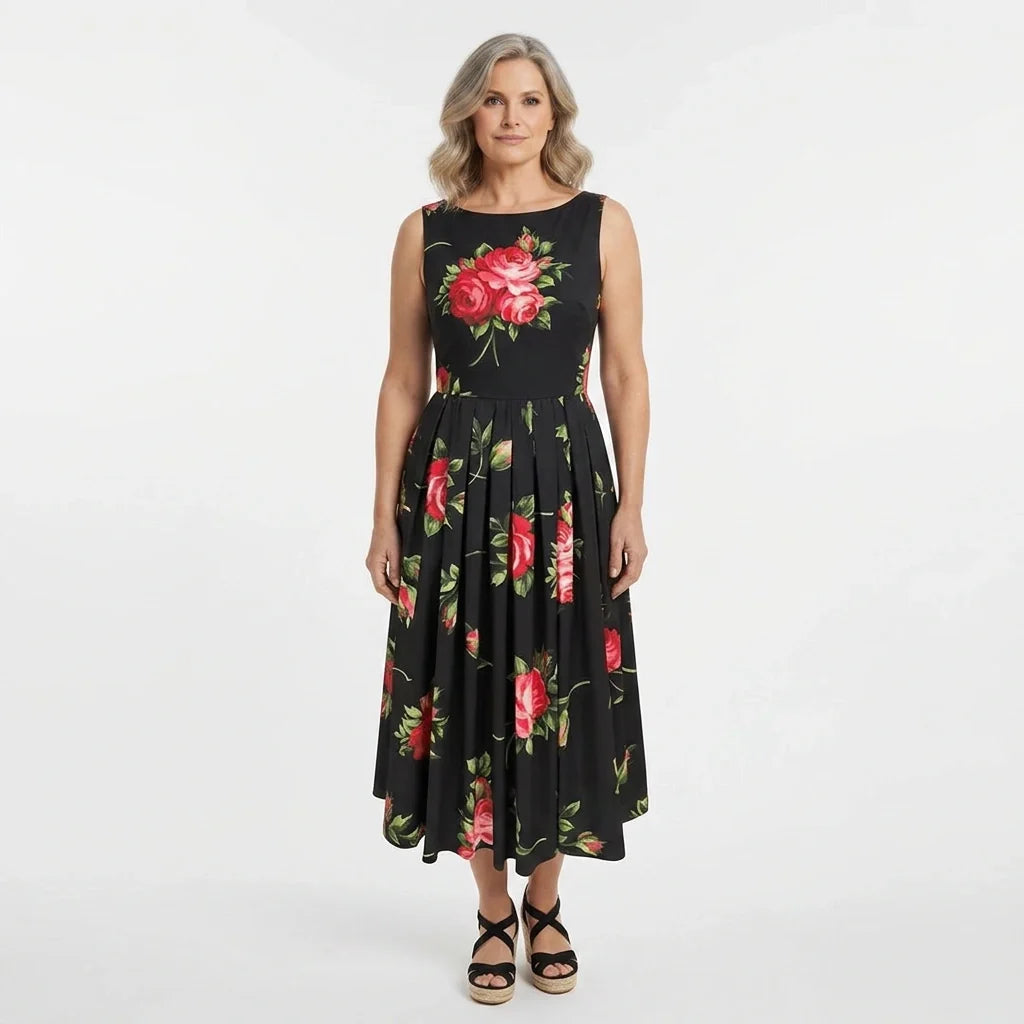 Midnight Roses Cotton Midi Dress with Pockets