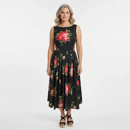 Midnight Roses Cotton Midi Dress with Pockets
