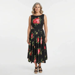 Midnight Roses Cotton Midi Dress with Pockets