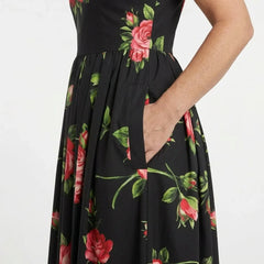Midnight Roses Cotton Midi Dress with Pockets
