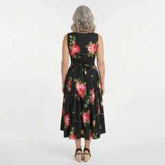 Midnight Roses Cotton Midi Dress with Pockets