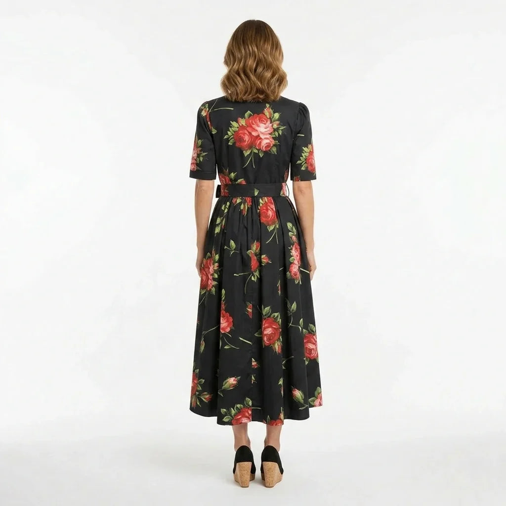 Midnight Roses Cotton Midi Shirt Dress