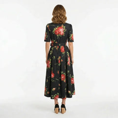 Midnight Roses Cotton Midi Shirt Dress