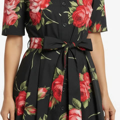 Midnight Roses Cotton Midi Shirt Dress
