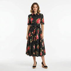 Midnight Roses Cotton Midi Shirt Dress
