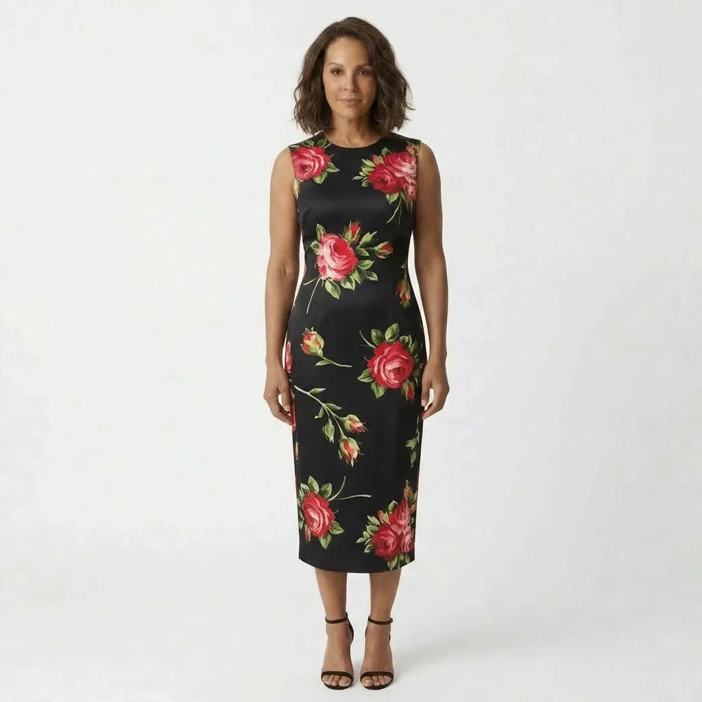 Midnight Roses Floral Silk Midi Dress