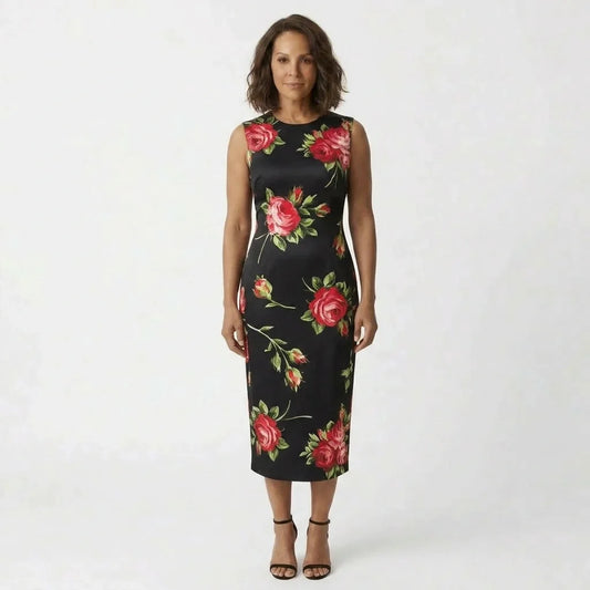 Midnight Roses Floral Silk Midi Dress