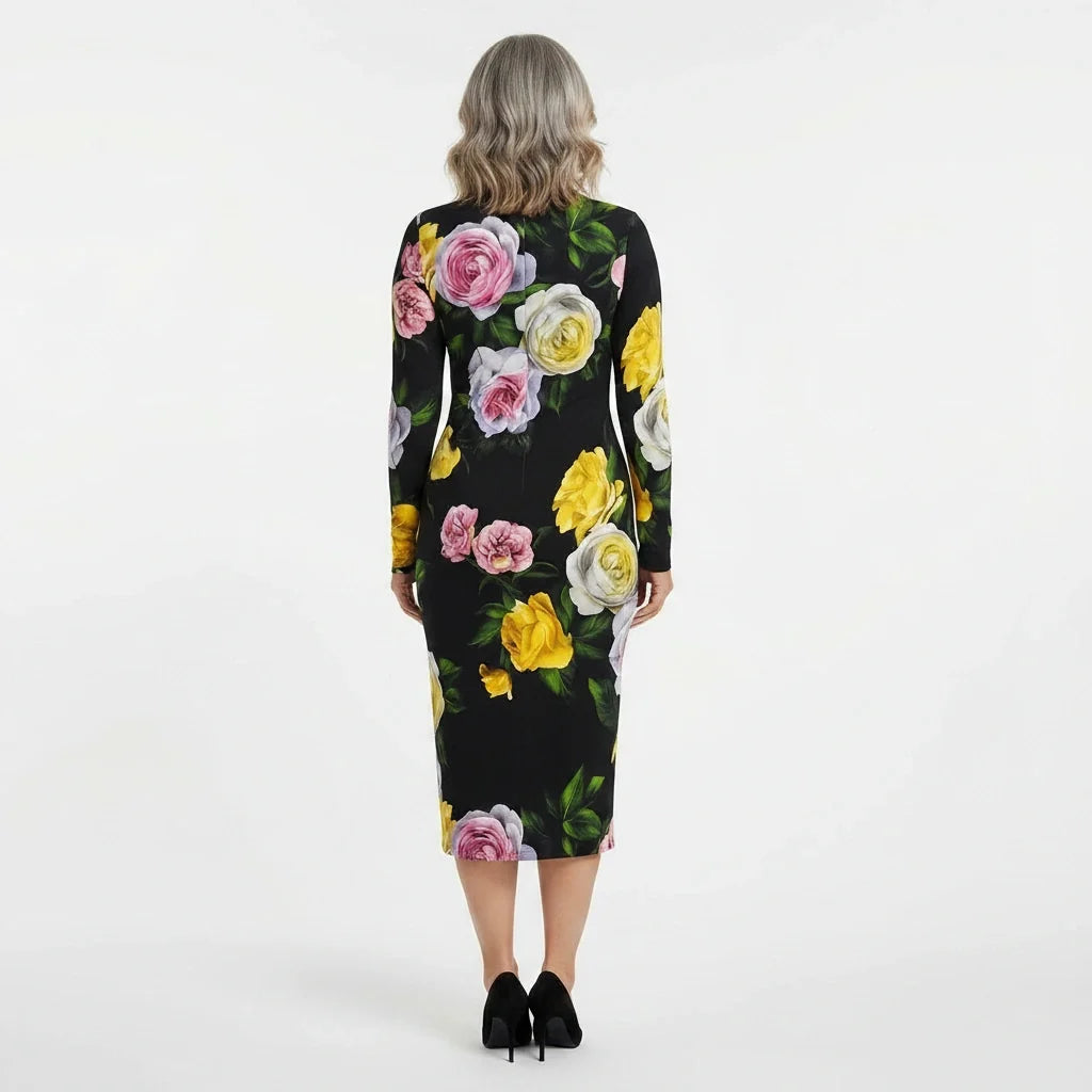 Long Sleeve Silk Midi Dress in Floral Rose Print