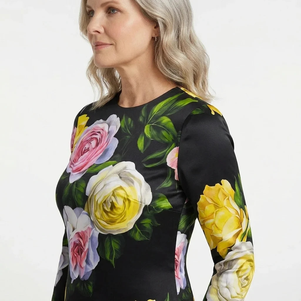 Long Sleeve Silk Midi Dress in Floral Rose Print