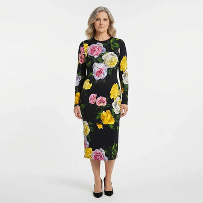 Long Sleeve Silk Midi Dress in Floral Rose Print