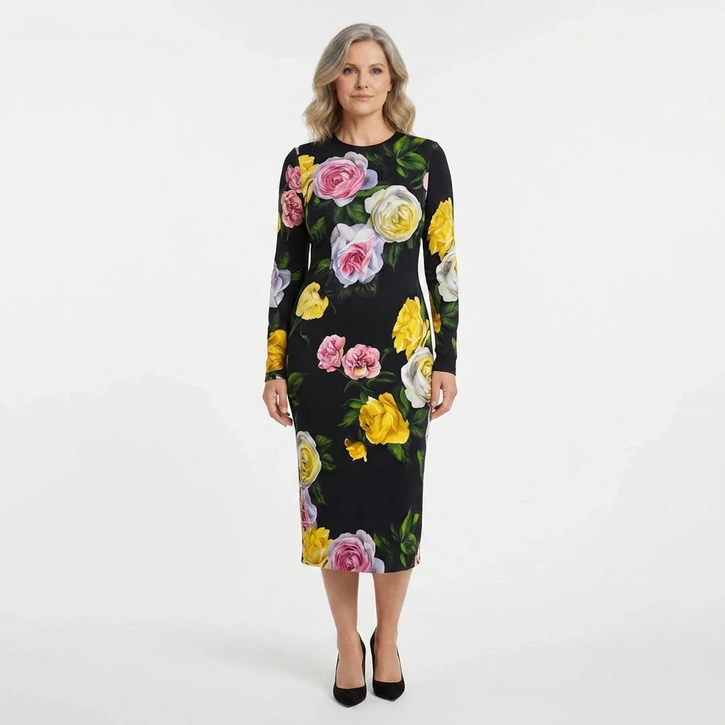 Long Sleeve Silk Midi Dress in Floral Rose Print