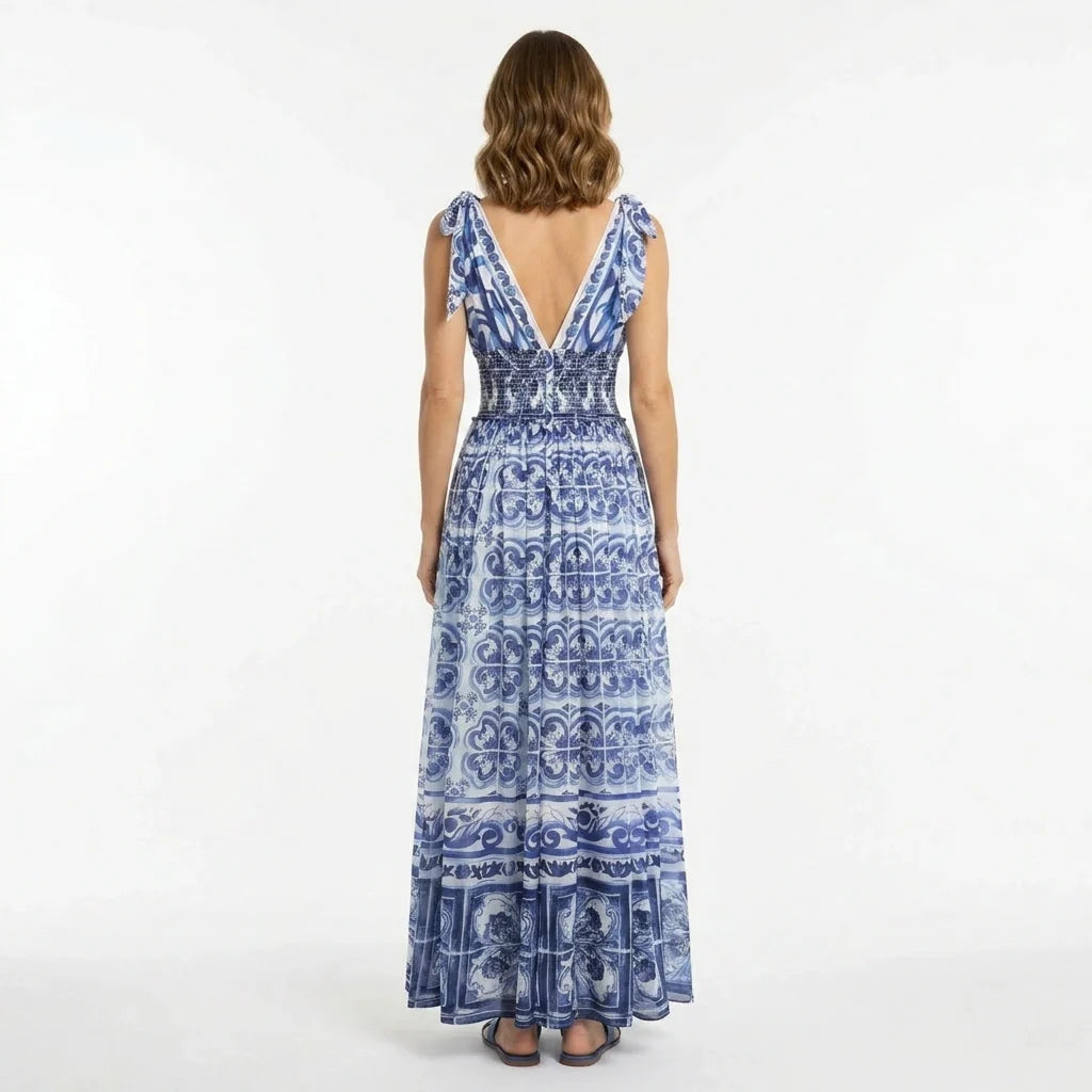 Blue Majolica Chiffon Maxi Dress with Bow Straps
