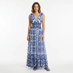 Blue Majolica Chiffon Maxi Dress with Bow Straps