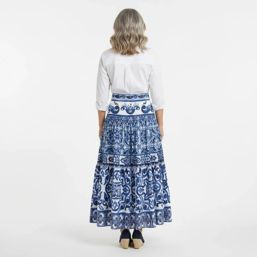 OUTLET: Majolica Porcelain Blue Tiles print 100% cotton skirt, SIZE L