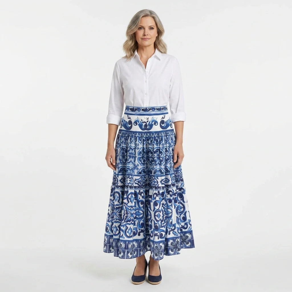 OUTLET: Majolica Porcelain Blue Tiles print 100% cotton skirt, SIZE L
