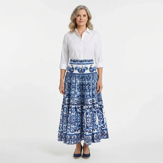 OUTLET: Majolica Porcelain Blue Tiles print 100% cotton skirt, SIZE L