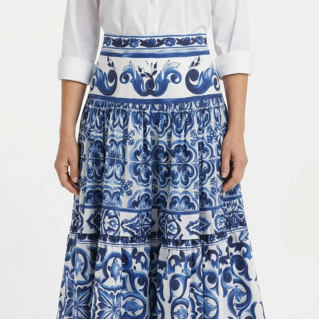OUTLET: Majolica Porcelain Blue Tiles print 100% cotton skirt, SIZE L