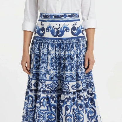 OUTLET: Majolica Porcelain Blue Tiles print 100% cotton skirt, SIZE L