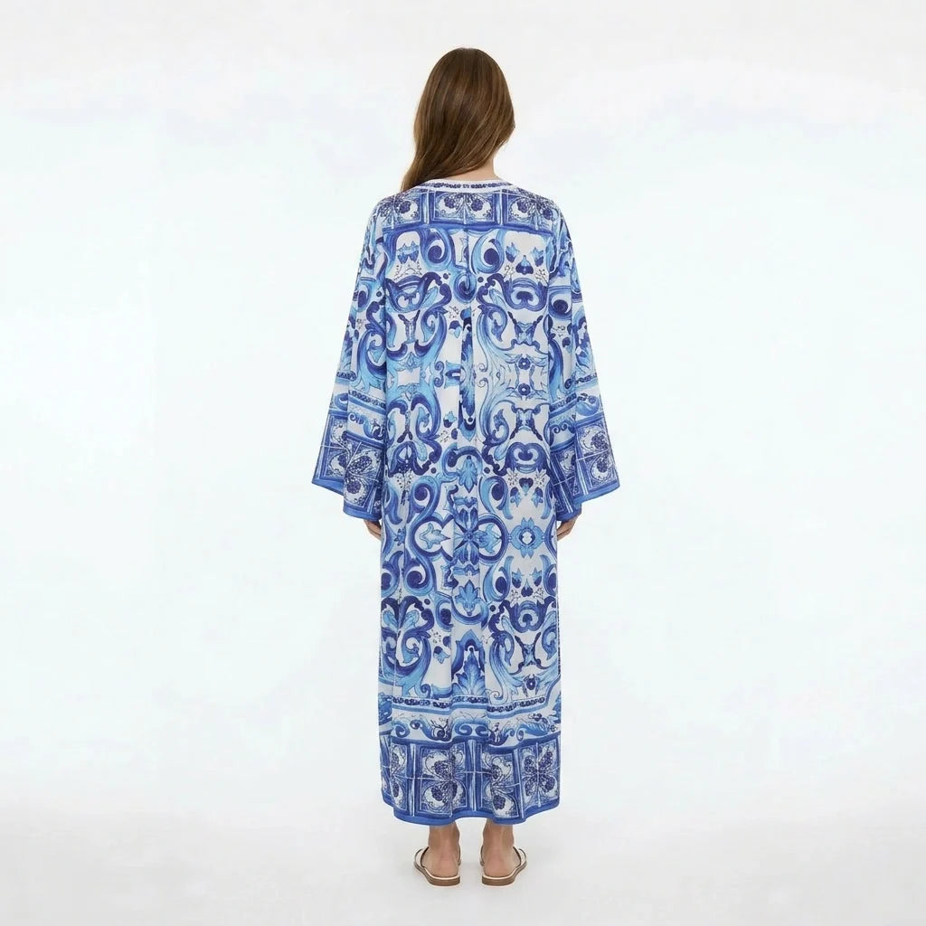 Italian Blue Majolica print maxi Kaftan dress