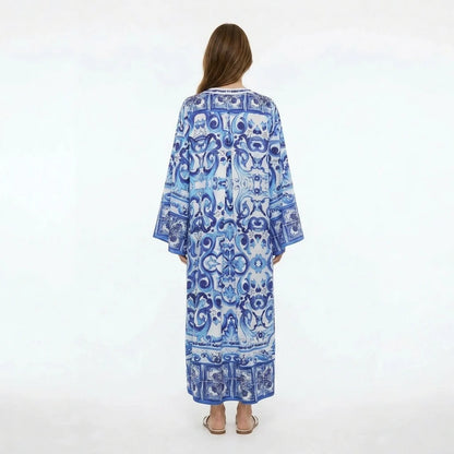 Italian Blue Majolica print maxi Kaftan dress