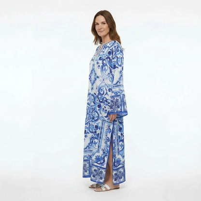 Italian Blue Majolica print maxi Kaftan dress