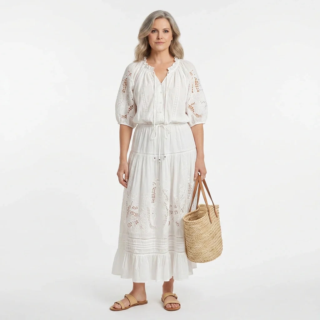 White Broderie Cotton Blouse and Skirt Set