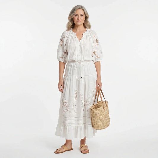White Broderie Cotton Blouse and Skirt Set
