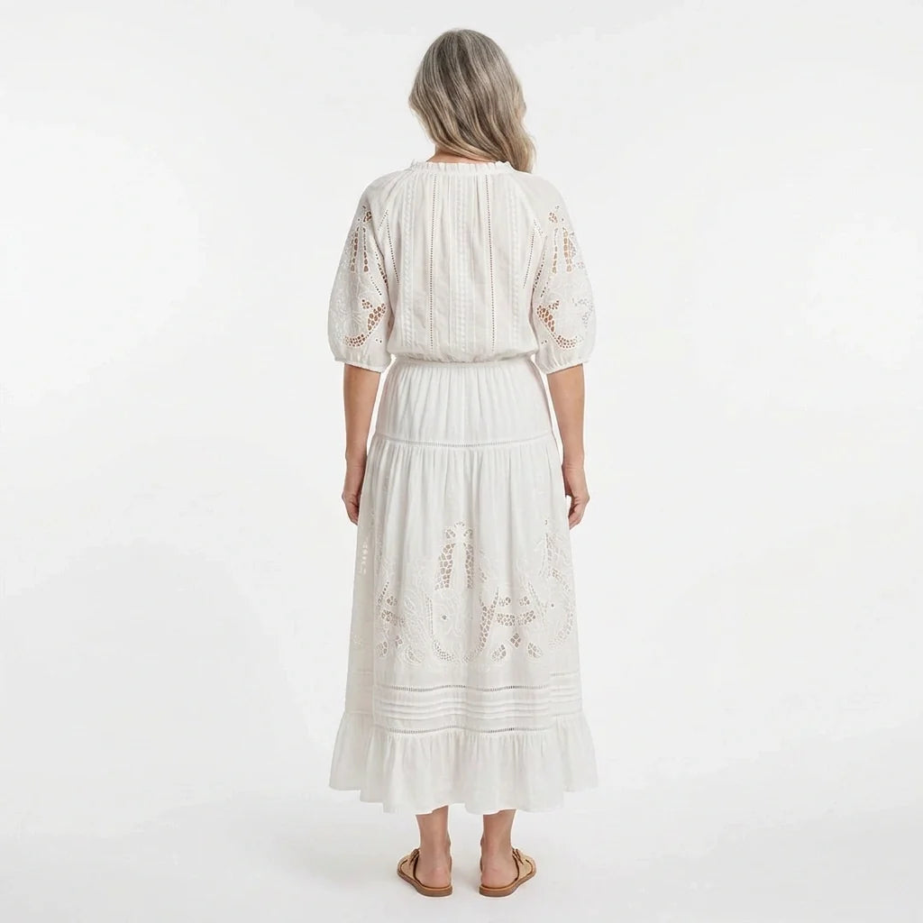 White Broderie Cotton Blouse and Skirt Set