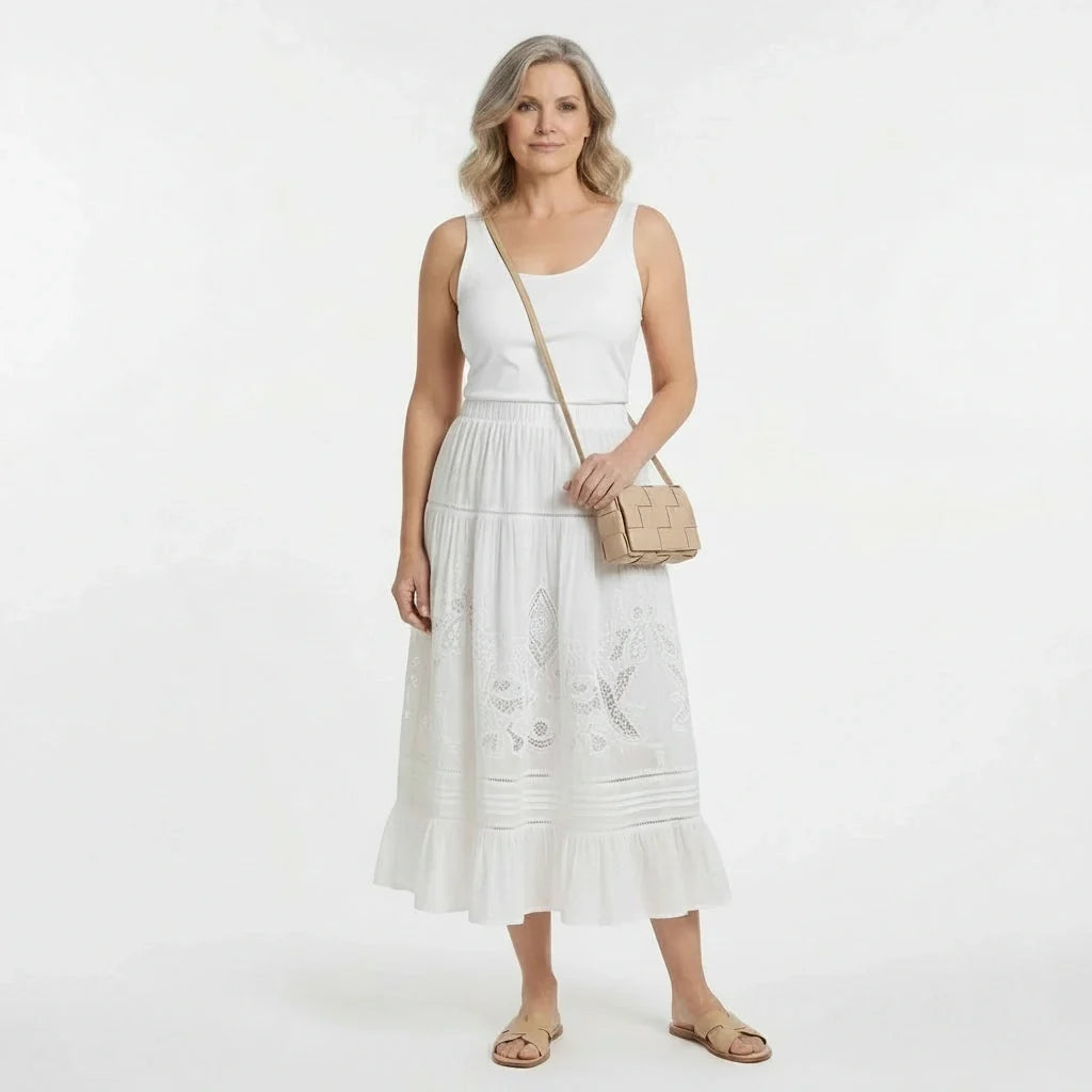 White Broderie Cotton Blouse and Skirt Set