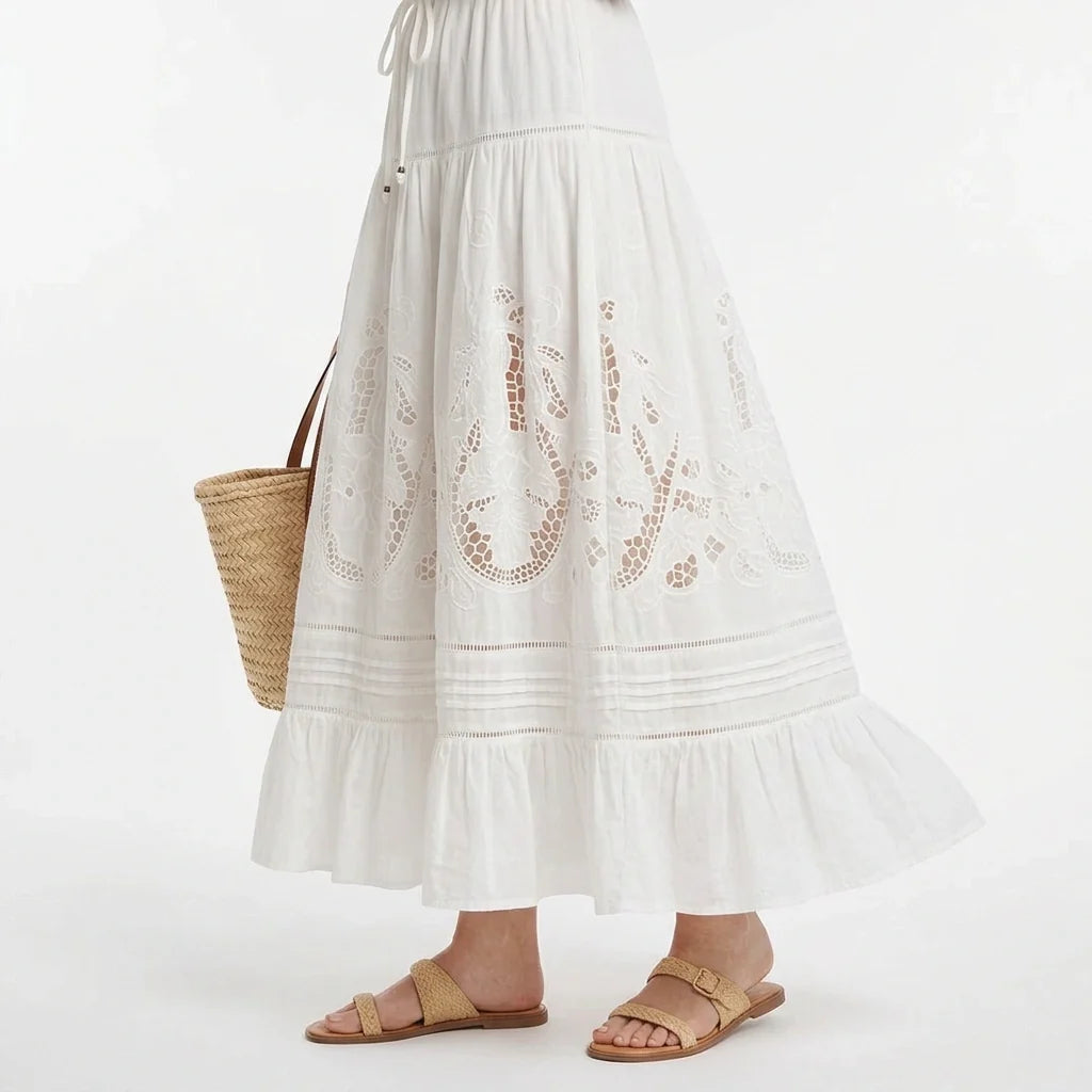 White Broderie Cotton Blouse and Skirt Set