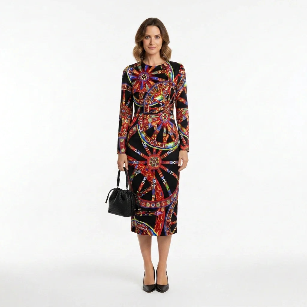 Carretto Silk Midi Dress with Long Sleeves