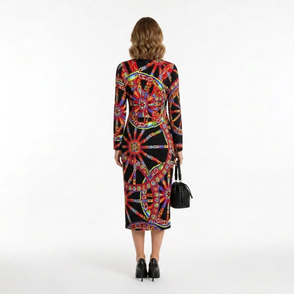 Carretto Silk Midi Dress with Long Sleeves