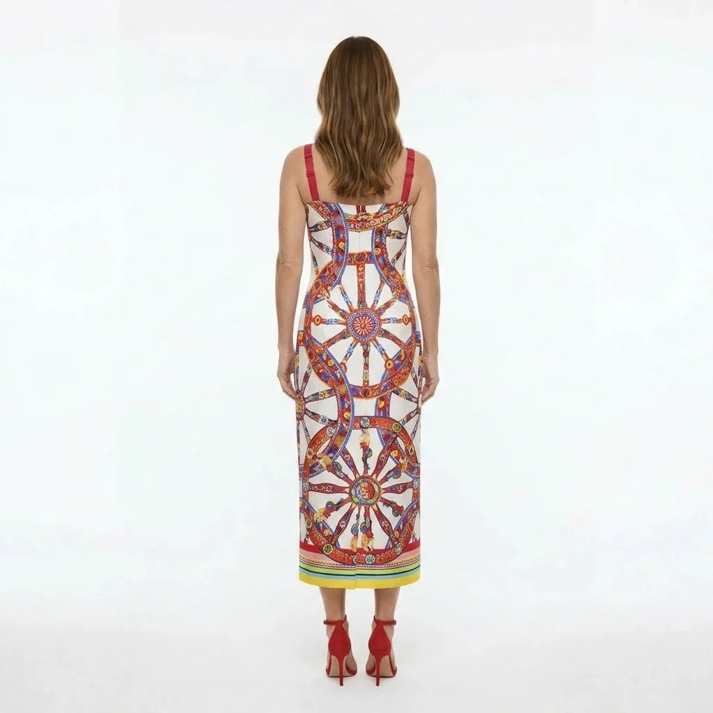 Carretto Print White Silk Midi Dress