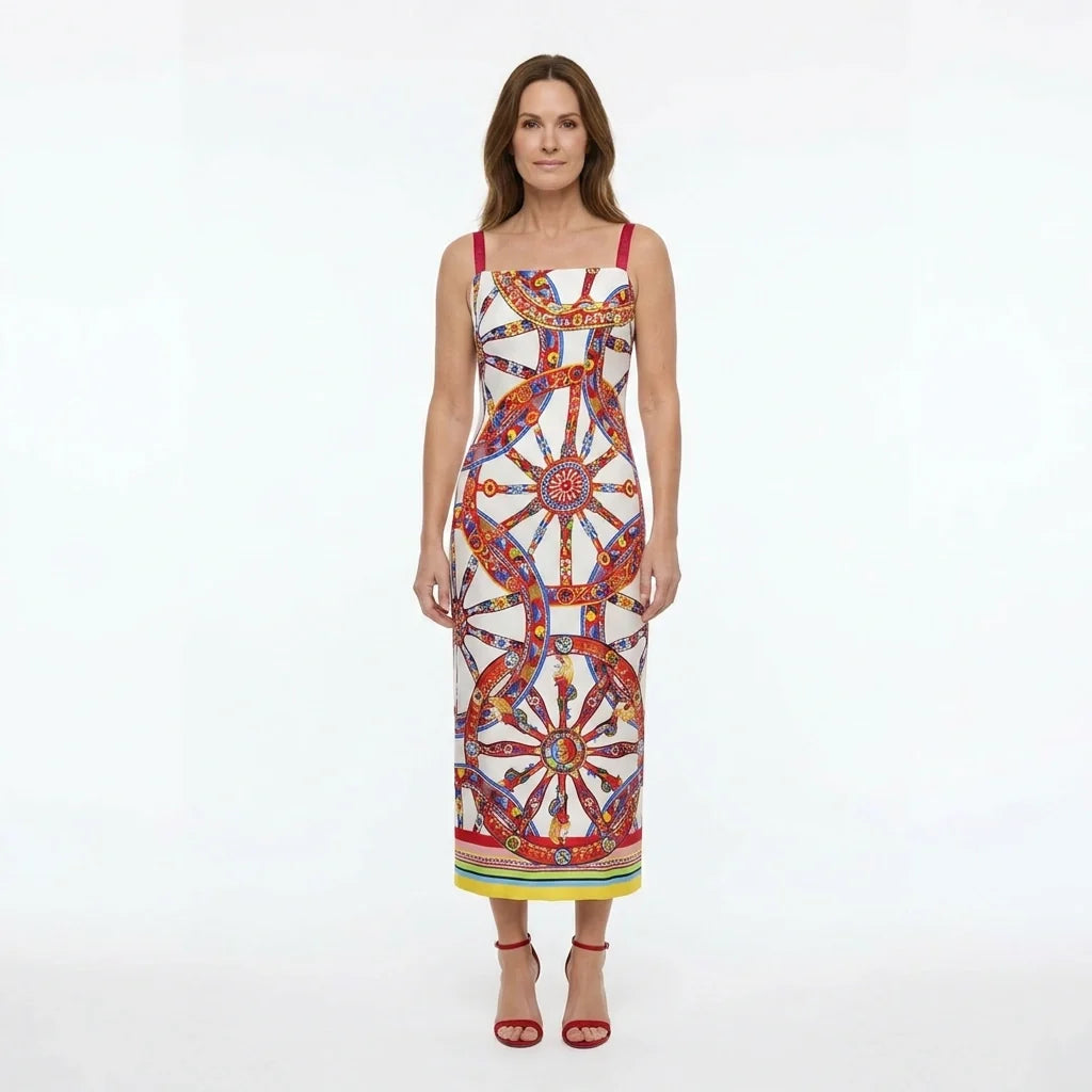 Carretto Print White Silk Midi Dress