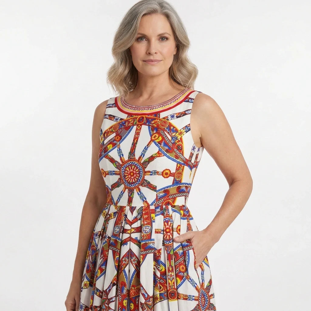 Sicilian Carretto Cotton Midi Dress with Pockets