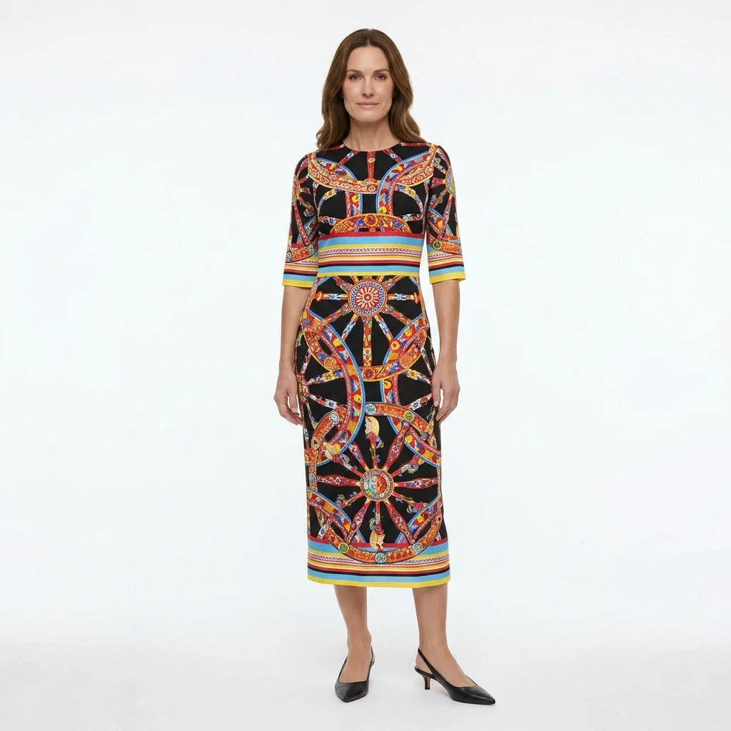 Carretto Silk Midi Dress with Half Sleeves
