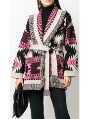 Cosmic-Pattern Fringed-Edge Cardigan