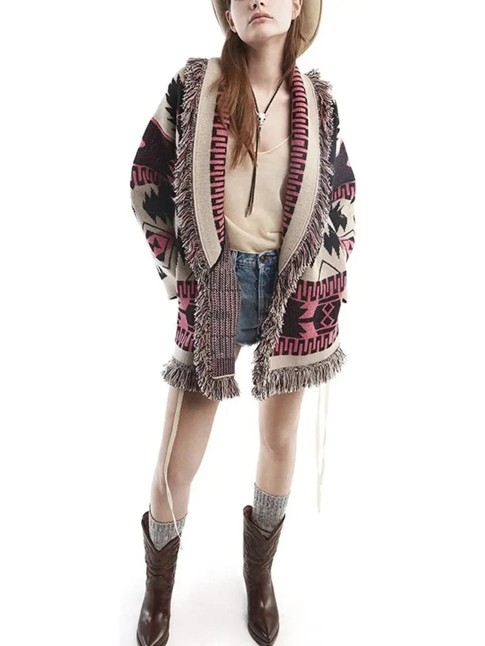 Cosmic-Pattern Fringed-Edge Cardigan